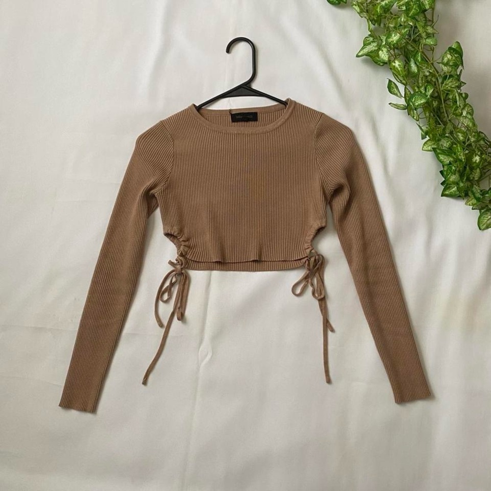 Ribbed Tan Long Sleeve Crop Top